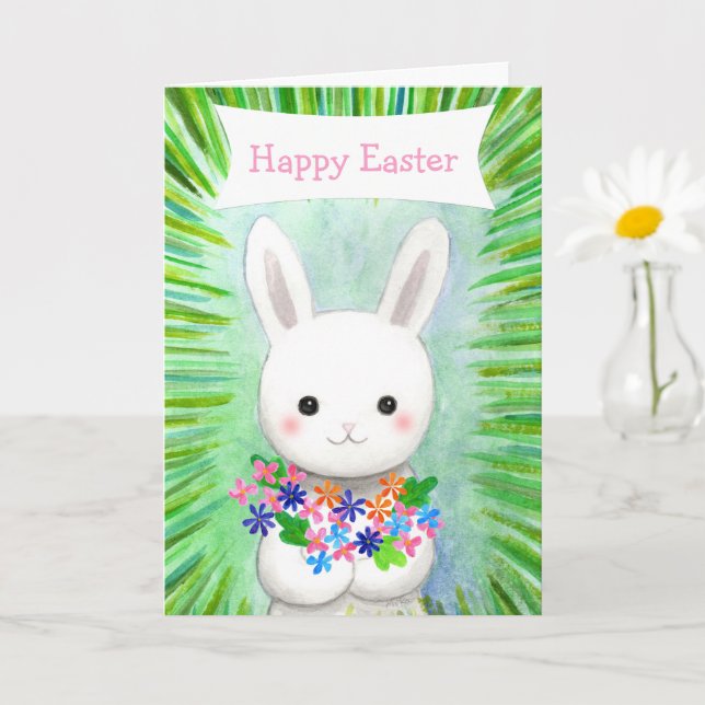 Tarjeta Cute White Bunny Rabbit Custom Text Happy Easter (Planta pequeña)