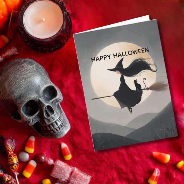 Tarjeta Cute Witch Girl her Broom & Cat Kids Halloween (Subido por el creador)