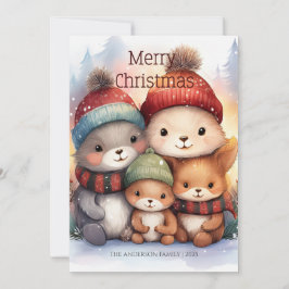 Tarjeta Cute Woodland Animal Family Merry Christmas