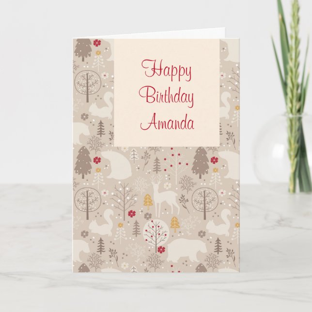Tarjeta Cute Woodland Animales Nórdicos Patrón Cumpleaños (Anverso)