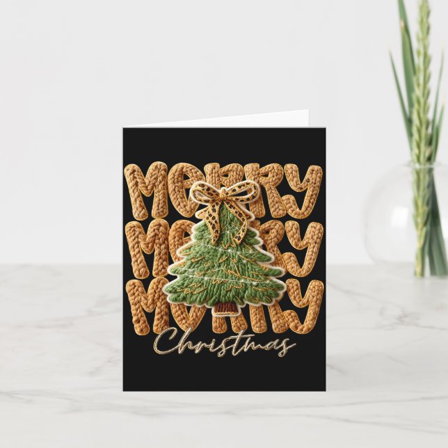 Tarjeta Cute Yarn Crochet Preppy Merry Christmas Tree Bow  (Anverso)