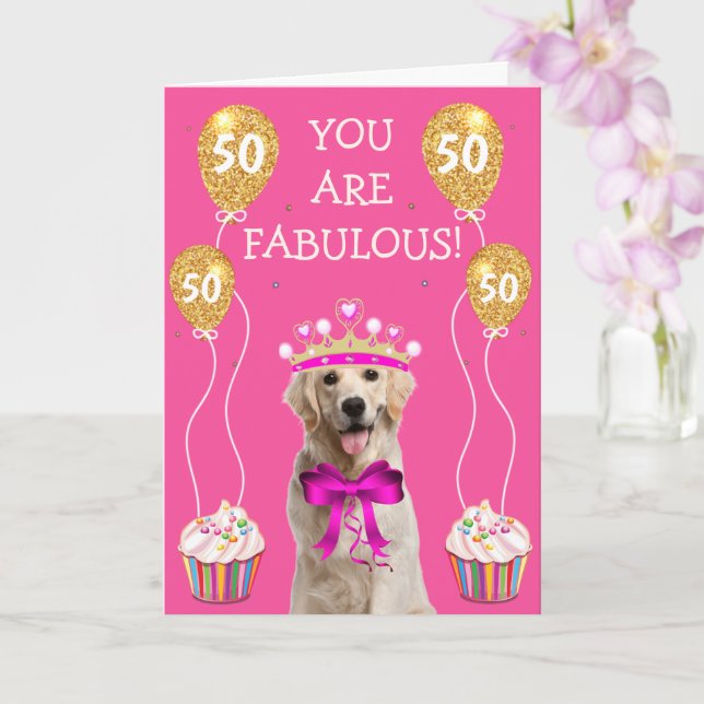Tarjeta Cute Yellow Lab 50.º cumpleaños (Orquídea)