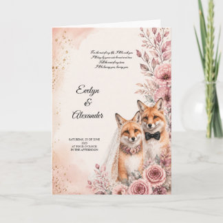 Tarjeta Cute Zorra Novia y Novio Rosa Floral Dorado