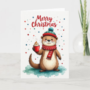 Tarjeta Cuter Otter Hot Cocoa Merry Christmas Holiday Card