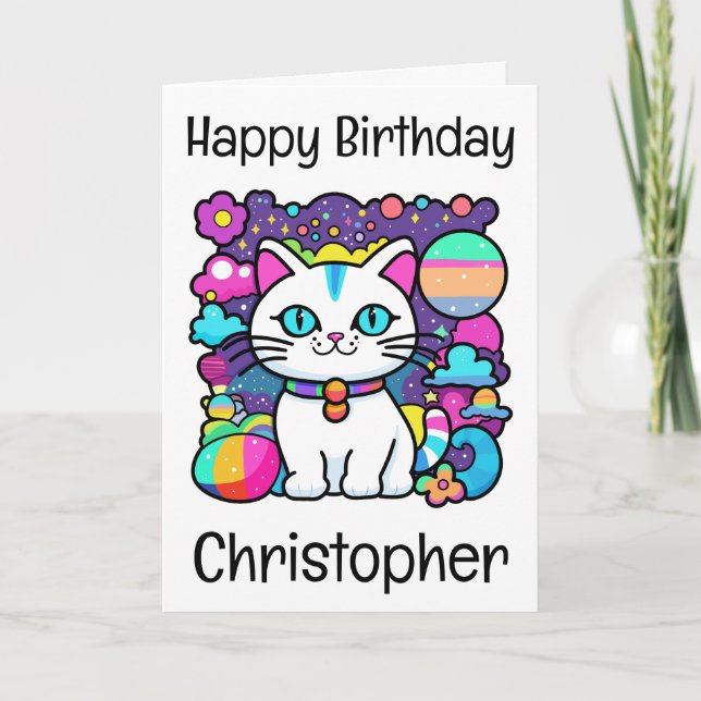 Tarjeta Cuto espacio cósmico blanco Kitty Cat Cumpleaños (Anverso)