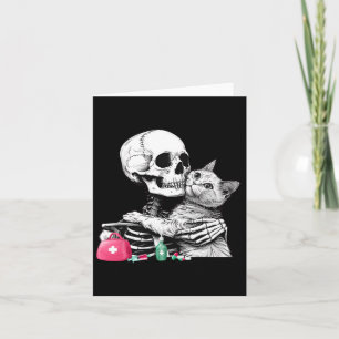 Tarjeta Cuto Halloween Skeleton Hug Cat Vet Tech Veterinar