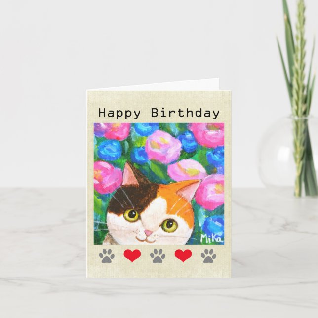 Tarjeta Cuto japonés Calico MiKe Neko Lucky Cat Cumpleaños (Anverso)