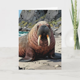 Tarjeta Cuto morsa en una playa de arena | Feliz cumpleaño