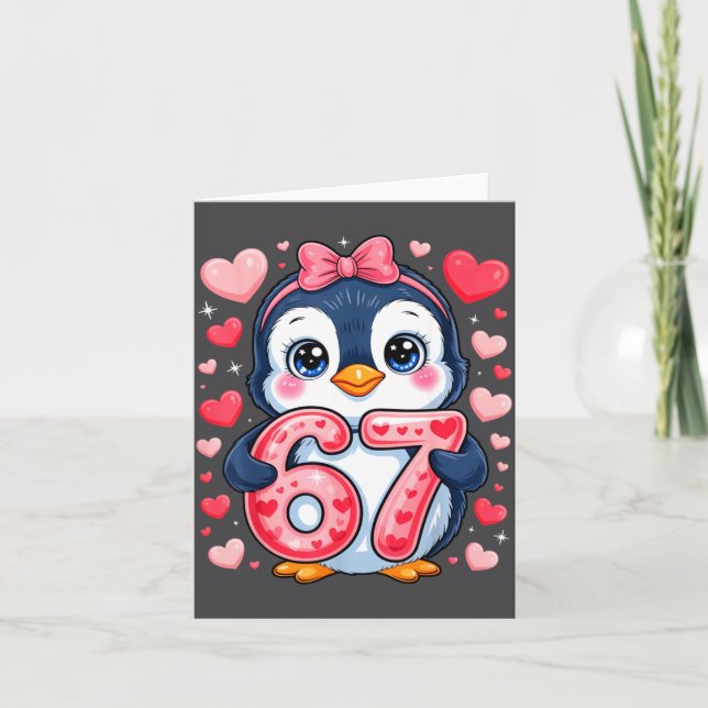 Tarjeta Cuto Pingüino 67 Seis Siete Corazones de San Valen (Anverso)