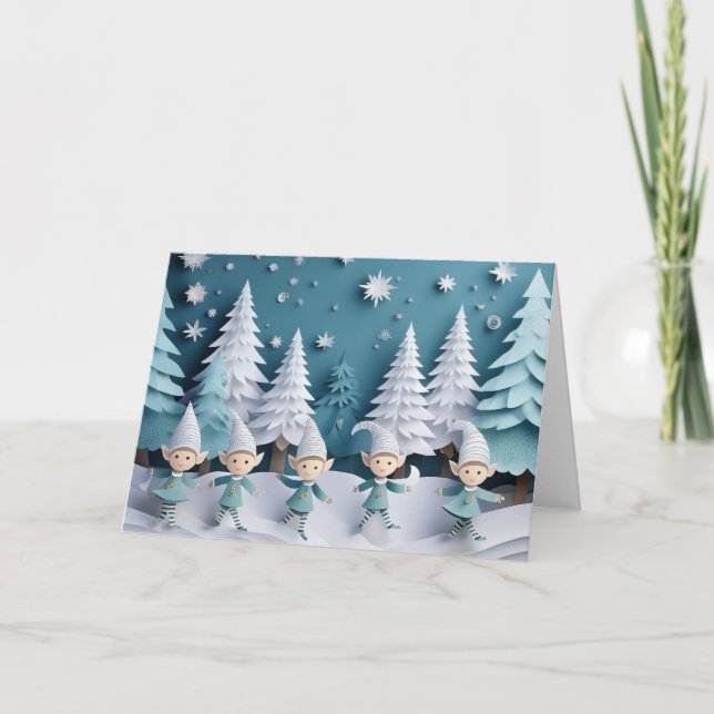 Tarjeta Cutout Elves in the Snow Personalized Christmas  (Anverso)