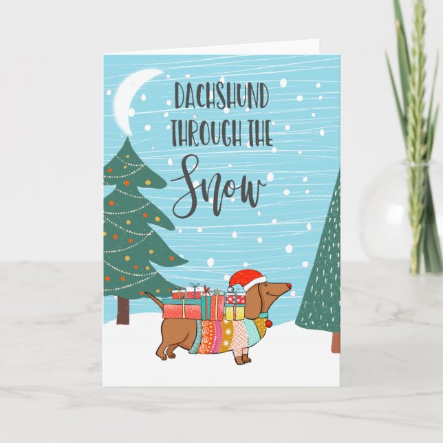 Tarjeta Dachshund A Través De La Nieve (Anverso)