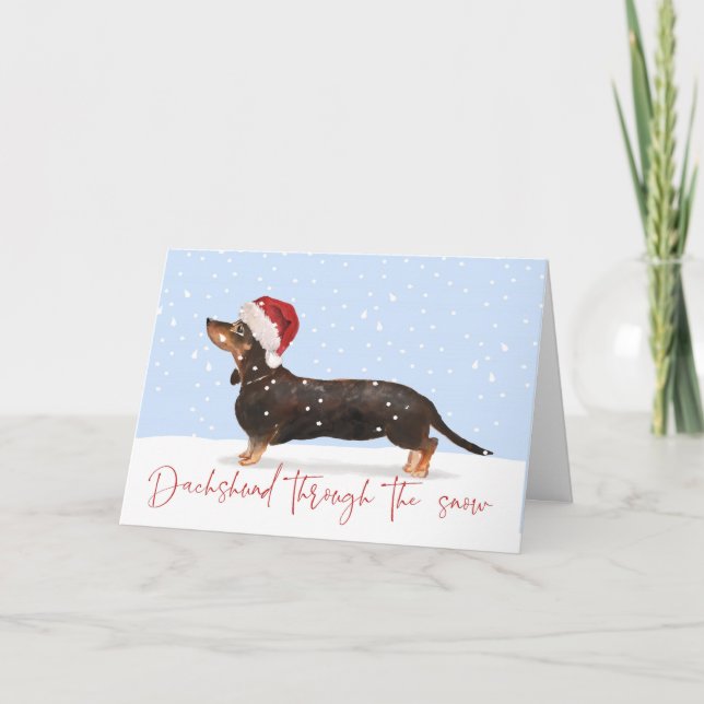 Tarjeta DACHSHUND A TRAVÉS DE LA NIEVE ACOGIDA Festividad (Anverso)