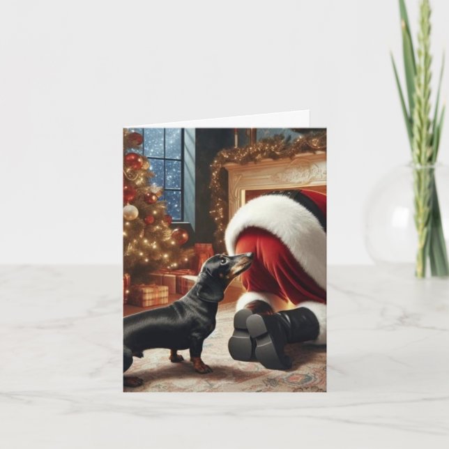 Tarjeta Dachshund and Santa Folded Greeting Card (Anverso)
