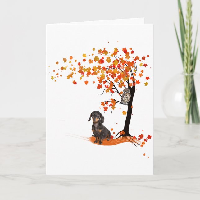 Tarjeta Dachshund Búho Y Árbol De Otoño Amante De Dachshun (Anverso)