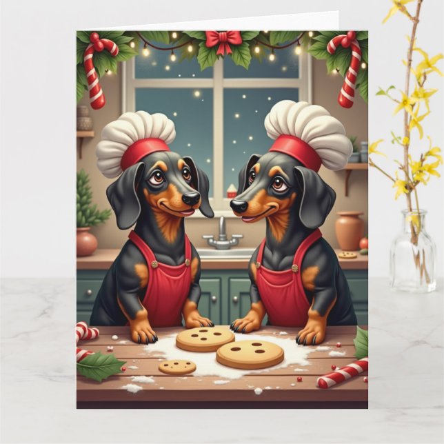 Tarjeta Dachshund Christmas Cookie Bakers Holiday Painting (flor amarilla)