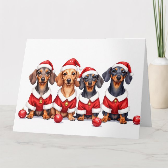 Tarjeta Dachshund Christmas Dress Santa Hat (Anverso)