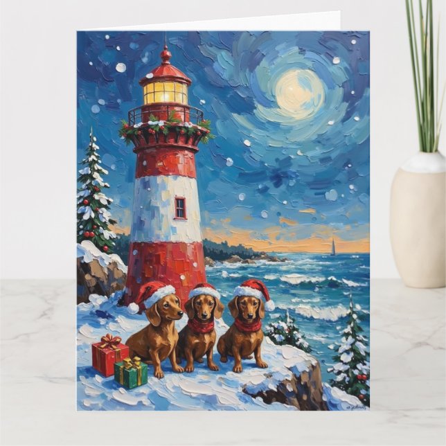 Tarjeta Dachshund Christmas Lighthouse Holiday (Anverso)