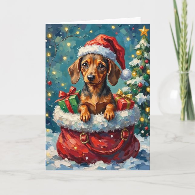 Tarjeta Dachshund Christmas Santa Bag Adventure (Anverso)