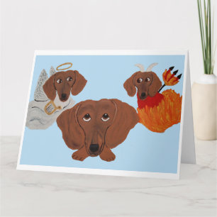 Tarjeta Dachshund con ángel y diablo