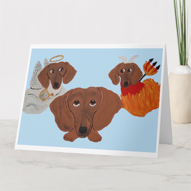 Tarjeta Dachshund con ángel y diablo (Anverso)