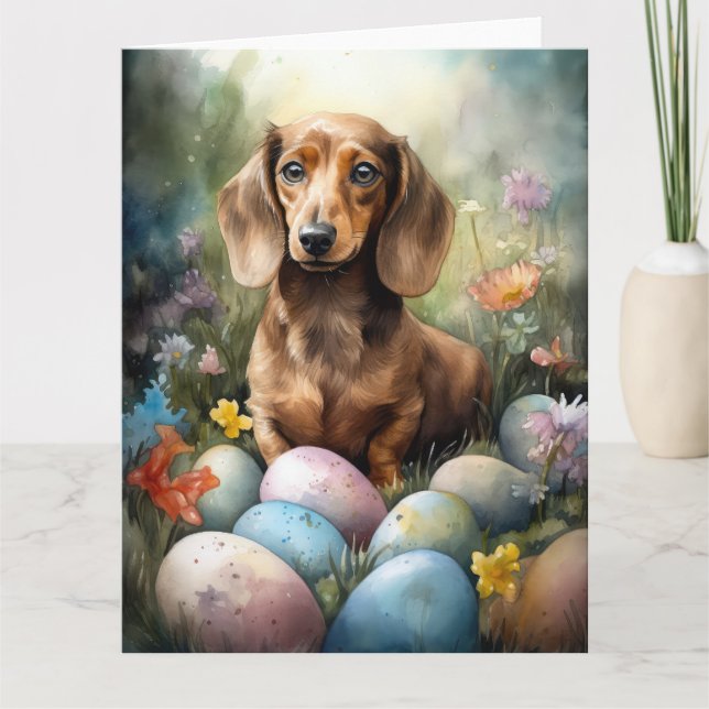 Tarjeta Dachshund con huevos de Pascua (Anverso)