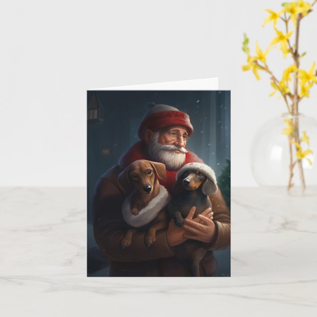 Tarjeta Dachshund Con Navidades Festividades De Santa Clau (flor amarilla)