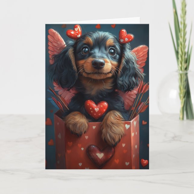 Tarjeta Dachshund cupido en El día de San Valentín de disf (Anverso)