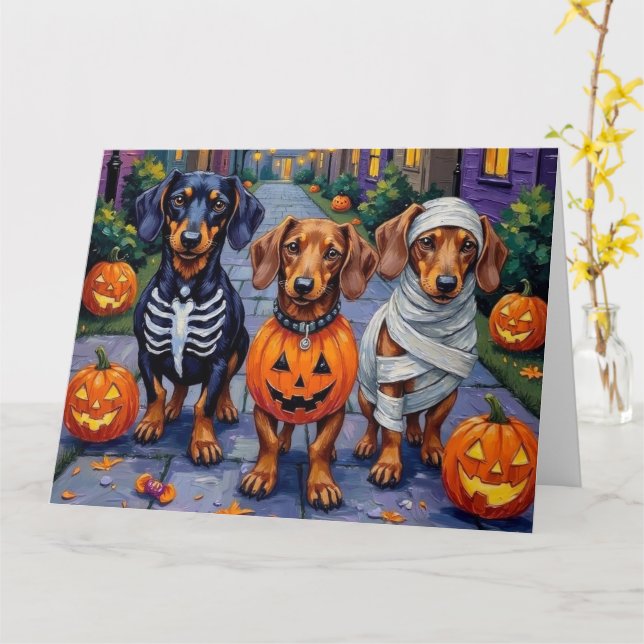 Tarjeta Dachshund daña trick-or-Treating en Halloween (flor amarilla)