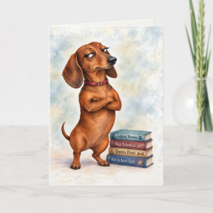 Tarjeta Dachshund de cumpleaños con libros divertidos