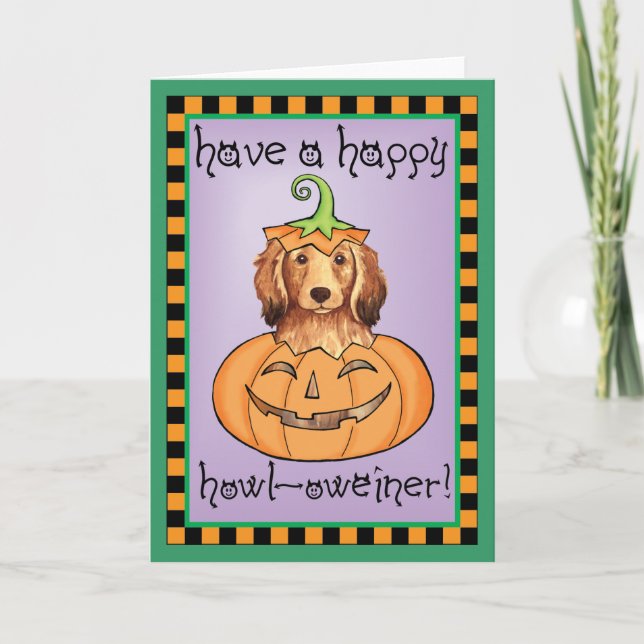Tarjeta Dachshund de pelo largo de Halloween (Anverso)