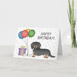 Tarjeta Dachshund de pelo largo negro y marrón Feliz Cumpl