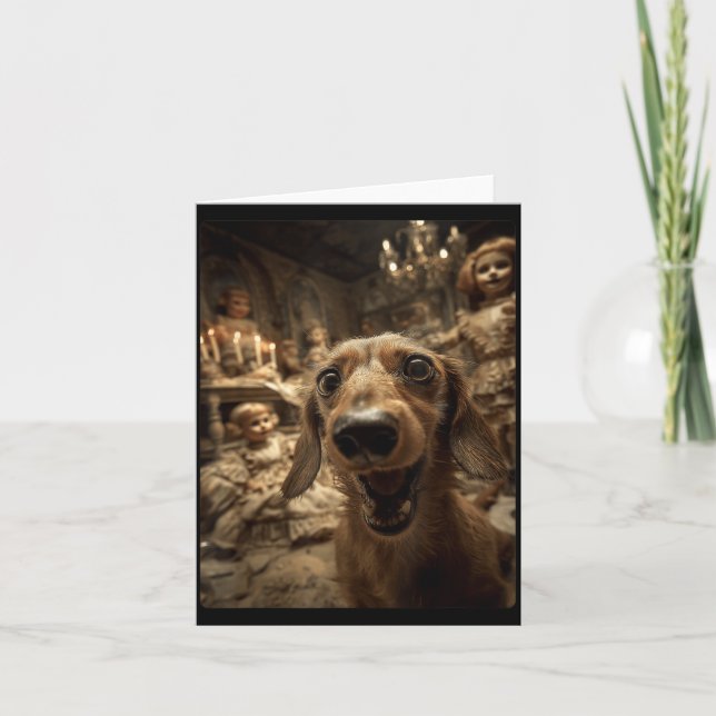 Tarjeta Dachshund Divertido Selfie Y Muñecas Halloween Esp (Anverso)