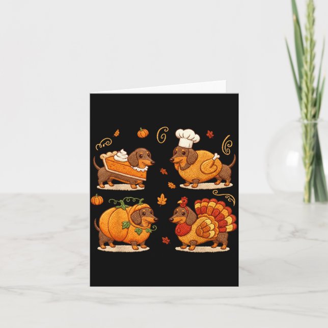 Tarjeta Dachshund Dog Pumpkin E Turkey Thanksgiving Men Wo (Anverso)