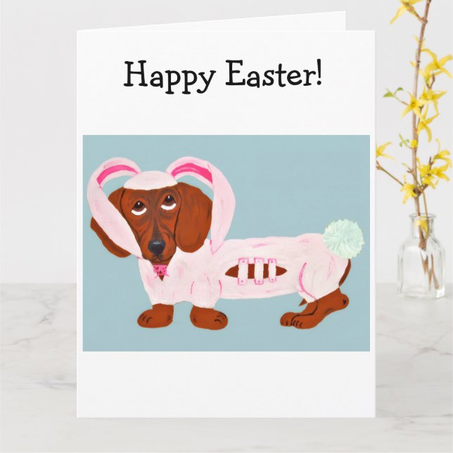 Tarjeta Dachshund Easter Bunny (flor amarilla)