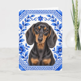 Tarjeta Dachshund Elegante Chinoiserie Azul y Blanco