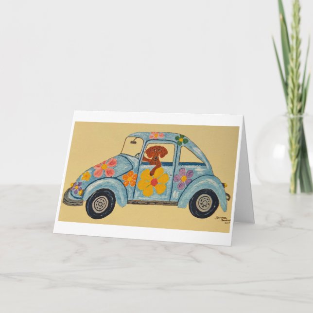 Tarjeta Dachshund en coche hippie (Anverso)