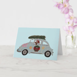 Tarjeta Dachshund en Coche Hippie en Navidad