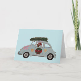 Tarjeta Dachshund en Coche Hippie en Navidad