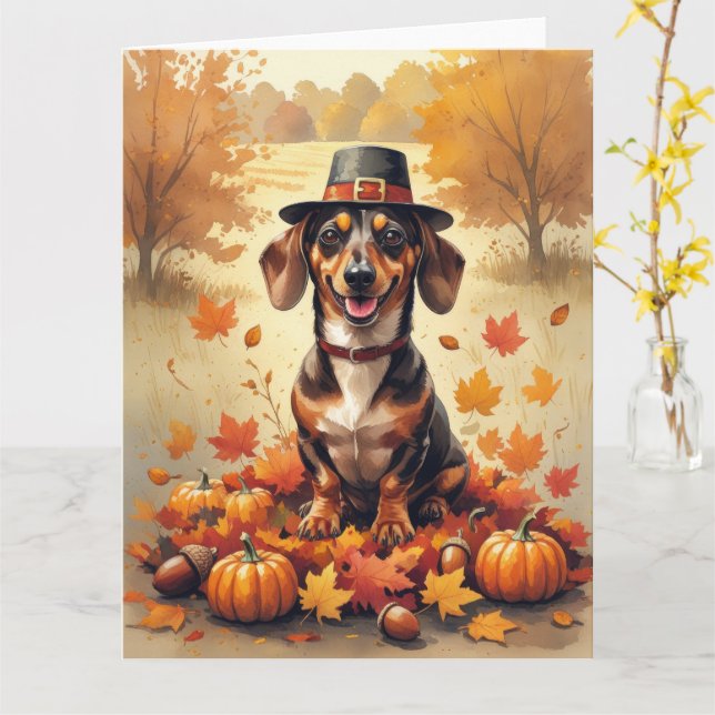 Tarjeta Dachshund En Otoño Deja El Arte Del Día De Gracias (flor amarilla)