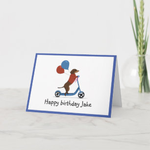 Tarjeta Dachshund en una moto con globos