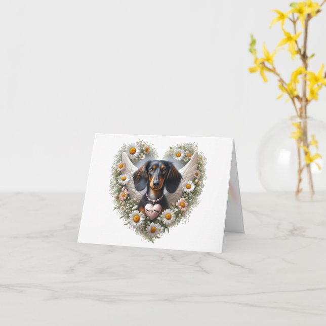 TARJETA DACHSHUND FLORAL CORAZÓN DE SIMPATÍA PERSONALIZADA (flor amarilla)