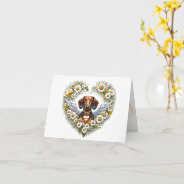 TARJETA DACHSHUND FLORAL CORAZÓN DE SIMPATÍA PERSONALIZADA (flor amarilla)
