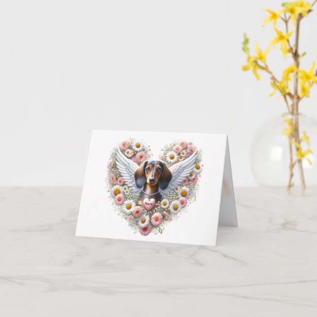 TARJETA DACHSHUND FLORAL CORAZÓN DE SIMPATÍA PERSONALIZADA (flor amarilla)