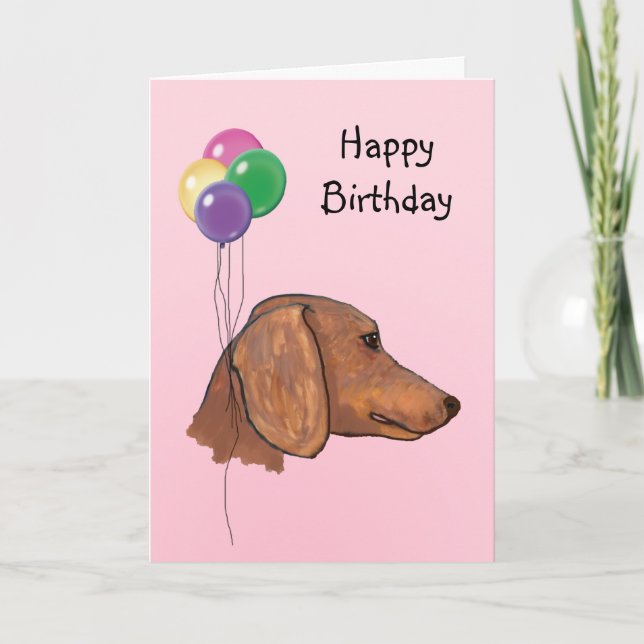 Tarjeta Dachshund, globos de cumpleaños (Anverso)