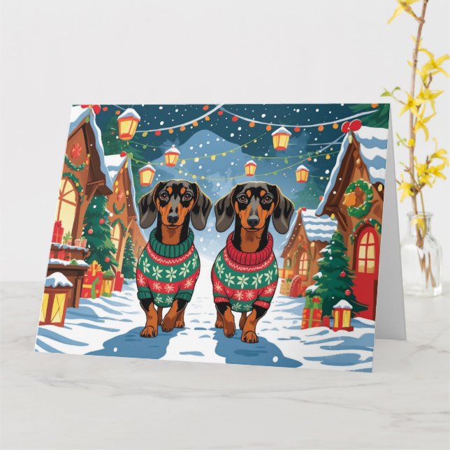 Tarjeta Dachshund Navidades de perros en vacaciones de nie (flor amarilla)