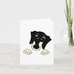 Tarjeta Dachshund negro y crema asomando dibujo animado