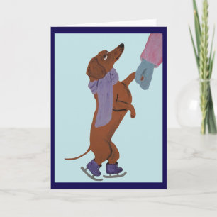 Tarjeta Dachshund patinando sobre hielo con su Mamá