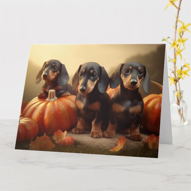 Tarjeta Dachshund Puppy Calabaza deslumbrante de otoño (flor amarilla)