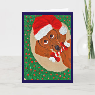 Tarjeta Dachshund Santa mirando a través de la Corona de N