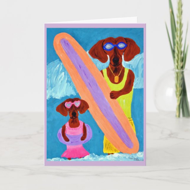 Tarjeta Dachshund surfista con cachorro (Anverso)
